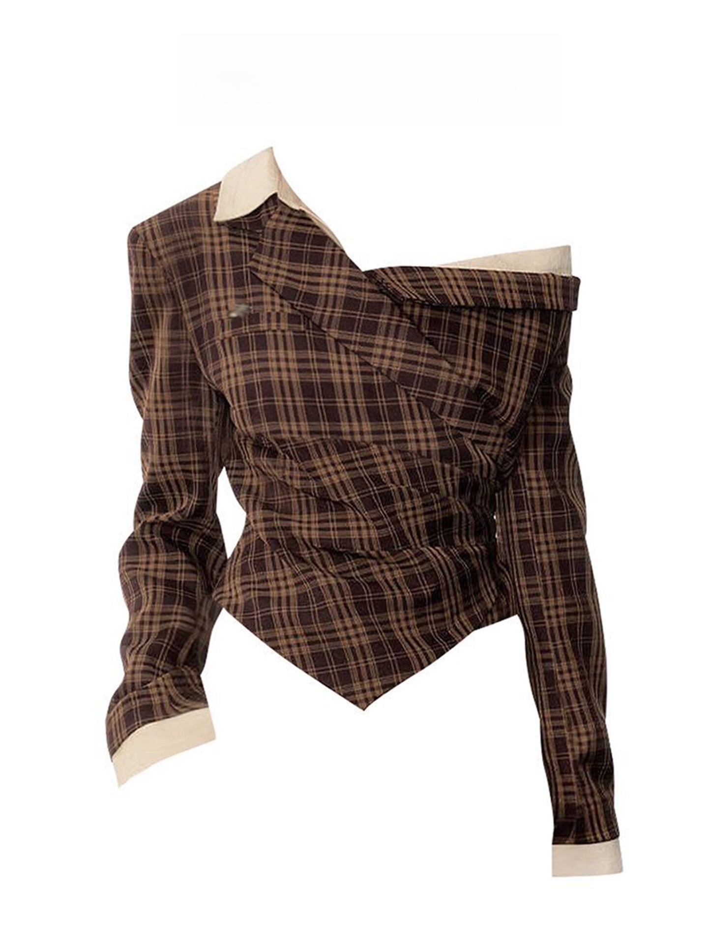 Blouse Off Shoulder - American Style Checks Print Off-shoulder Long
