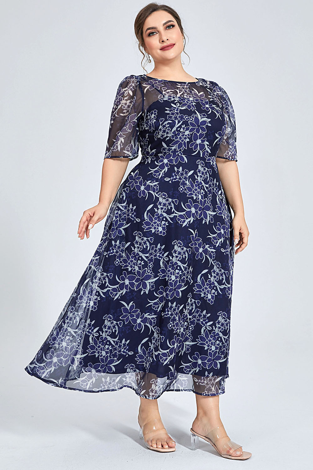 Plus Size Navy Floral Chiffon  - đánh giá và giá Midi Skirt Floral