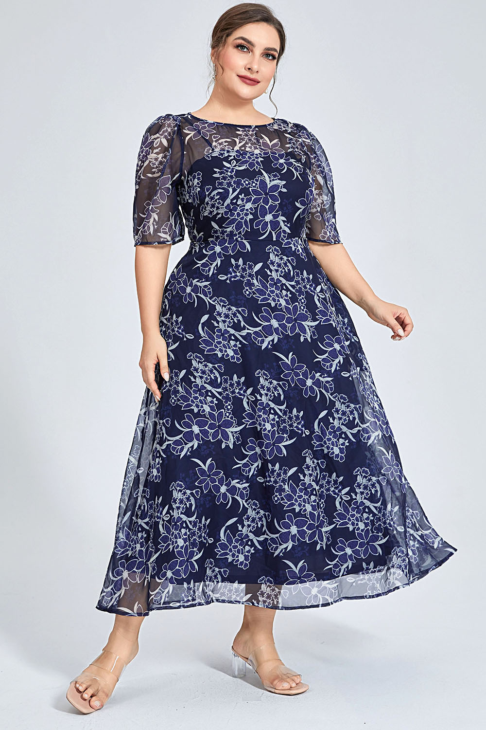 Plus Size Navy Floral Chiffon  - đánh giá và giá Midi Skirt Floral